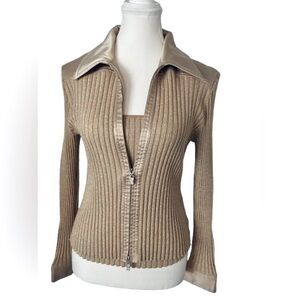 Vintage Twin Set Metallic Gold Fontana Ribbed Sweater Tank Top Cardigan XS Small